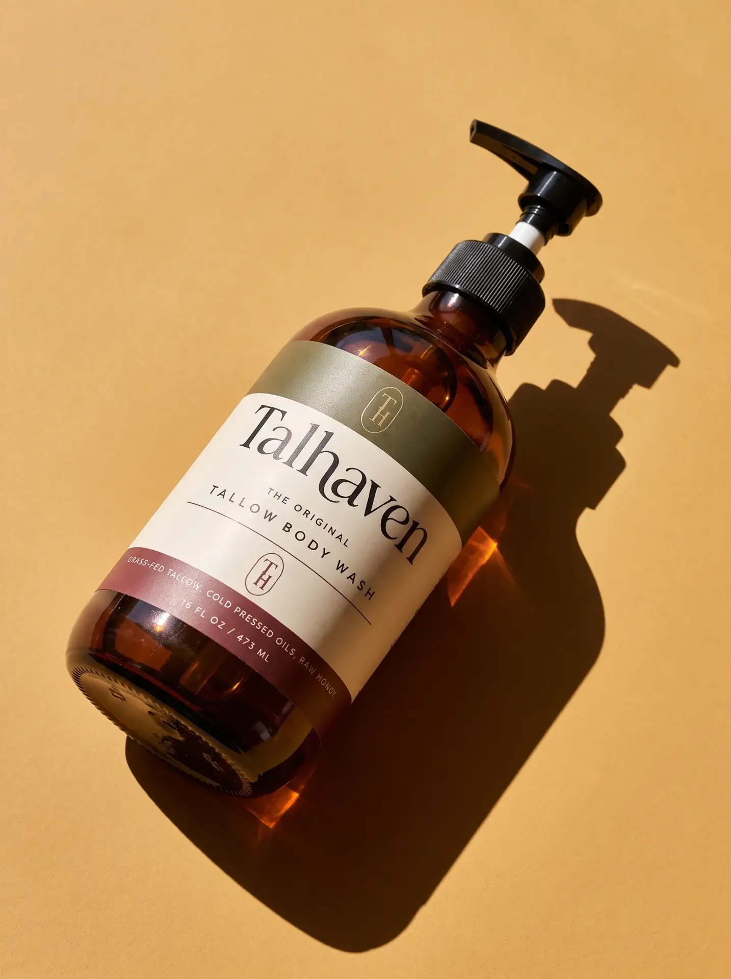 Talhaven Tallow Body Wash bottle in warm sunlight